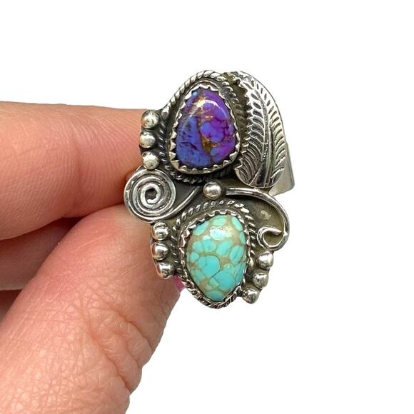 Purple Copper Turquoise Ring Solid 925 Sterling Silver Adjustable 6.5 7 7.5 8 - Picture 4 of 11